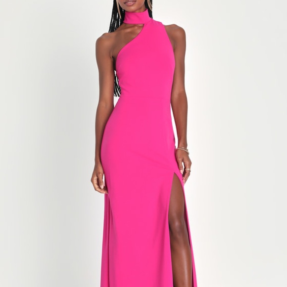 Lulus Keep It Interesting Hot Pink Asymmetrical Halter Maxi Dress - Size S - Picture 1 of 3